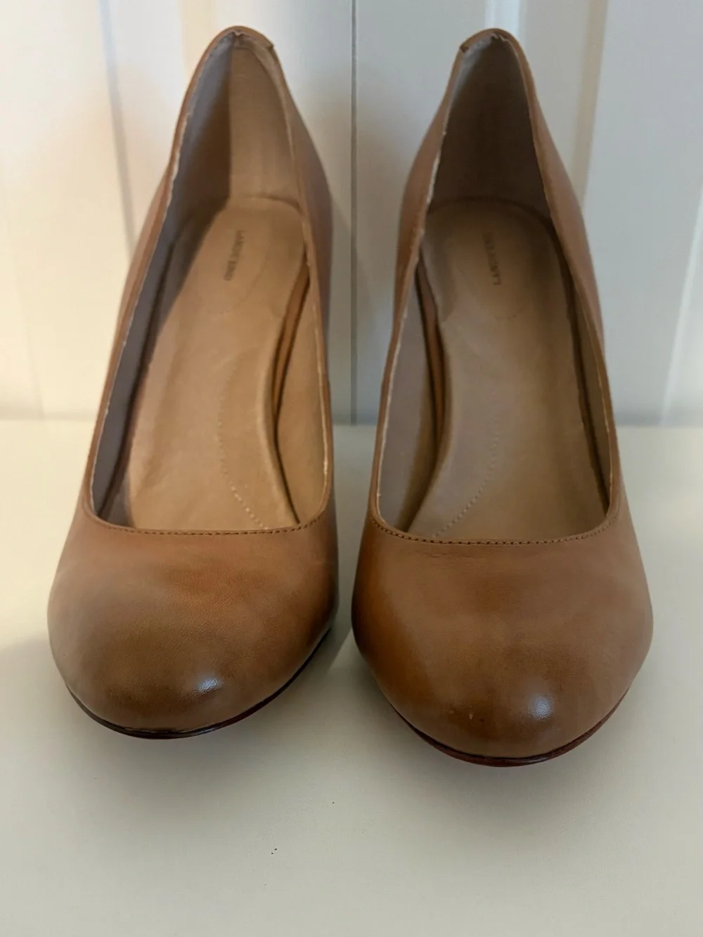 LANDS' END Cognac Brown Leather Round Toe Stiletto Heels, NWOT, Size 10